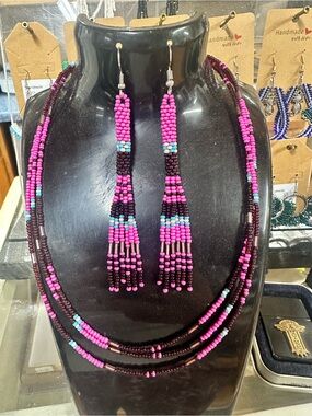 Handmade Pink & Turquoise Seed Bead Necklace and Earrings Set